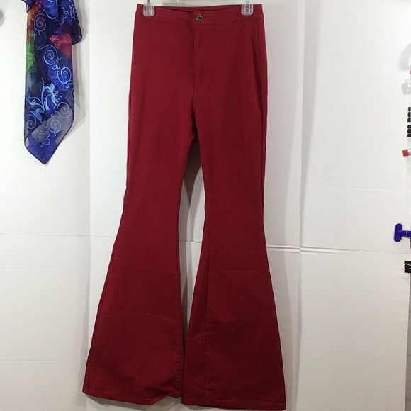 Retro hippie deep red stretch bell bottom jeans - Picture 2 of 12